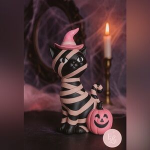 Halloween Black Cat Mummy Witch Statue Pink Pumpkin Decor 12.5” NWT